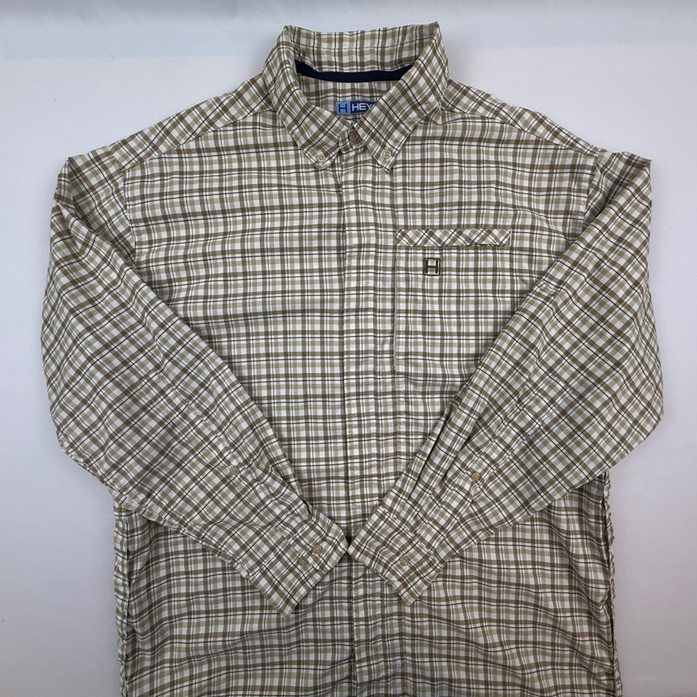 Heybo Mens Medium Tan White Plaid Performance Vented Long Sleeve Button Down